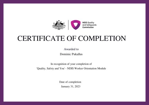 NDIS Quality Standards Completion Certificate